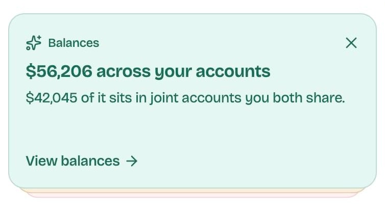 An insight card: $56,206 across your accounts, $42,045 of it in joint accounts