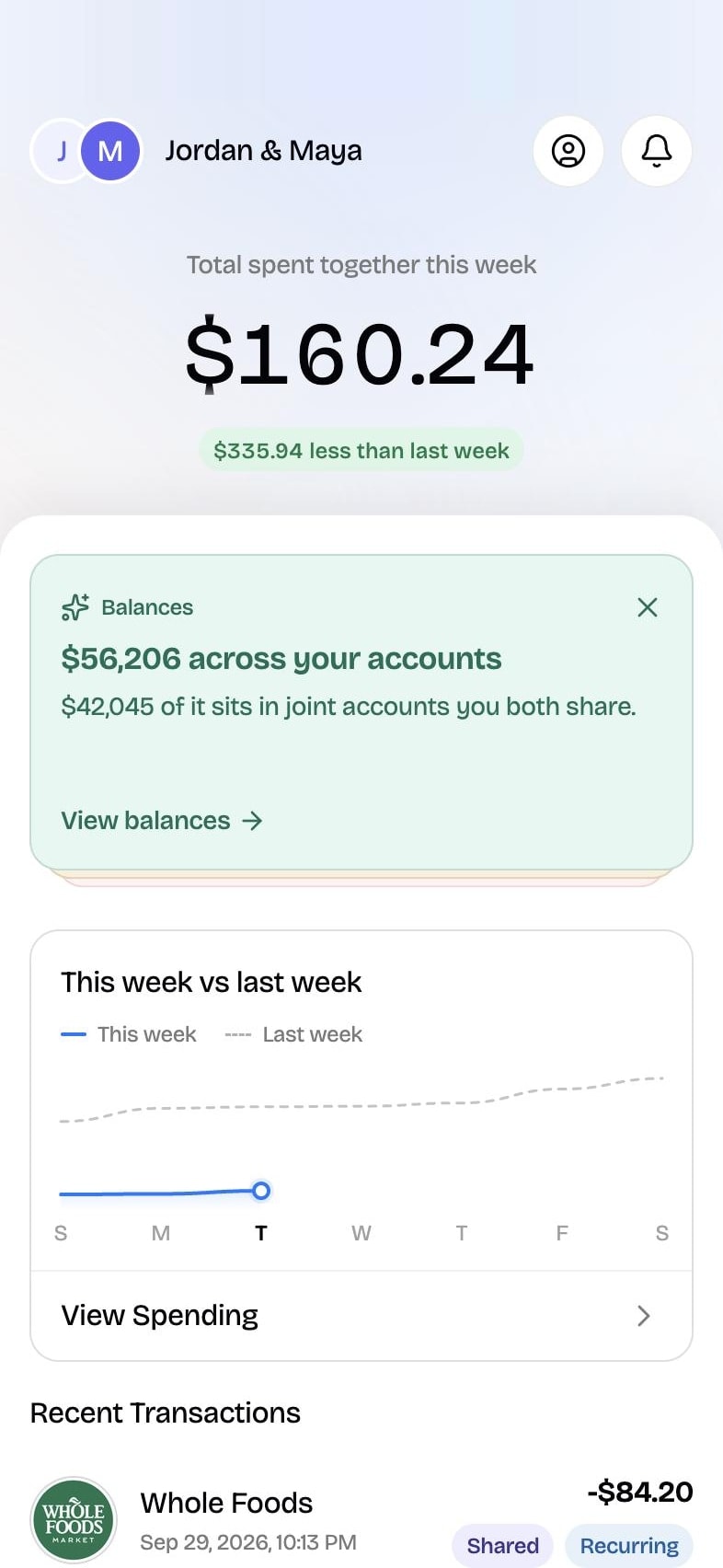 Home: this week's spending for Jordan and Maya, an insight card, a chart of this week against last week and recent transactions
